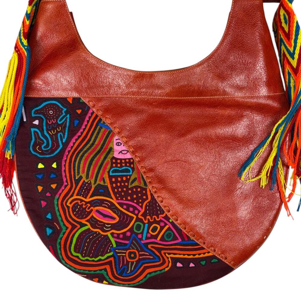 Handmade Artisan Mola and Brown Leather Crescent Shoulder Bag Multicolor Strap - Picture 3 of 7